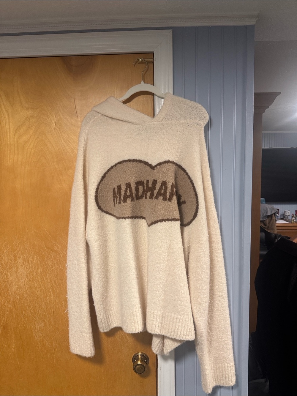 Madhappy Cream Hooded Fuzzy Pullover with Brown Logo